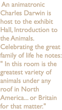  An animatronic Charles Darwin is host to the exhibit Hall, Introduction to the Animals. Celebrating the great family of life he notes: " In this room is the greatest variety of animals under any roof in North America... or Britain for that matter."